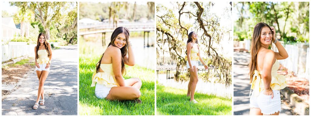 collage of a high school senior wearing a yellow top with white shorts on bluff drive in savannah Georgia 