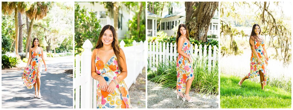 collage of a high school senior wearing a floral maxi dress on bluff drive in savannah Georgia 