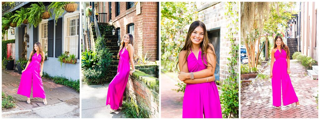 collage of a high school senior wearing a pink jumper in downtown savannah