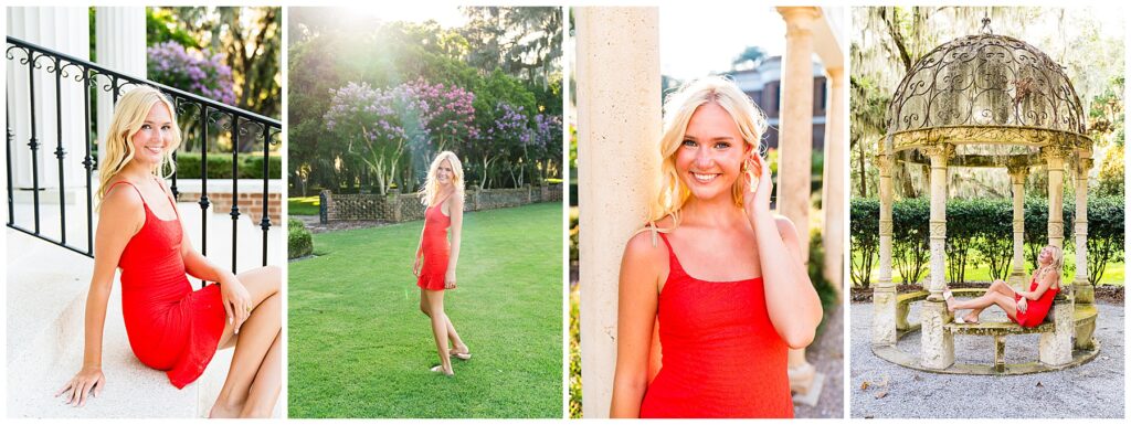 collage of a high school senior girl wearing a red dress and sandals having her senior pictures taken at the Ford Field and River Club