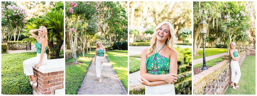 collage of a high school senior girl wearing a floral green top, white pants and sandals having her senior pictures taken at the Ford Field and River Club