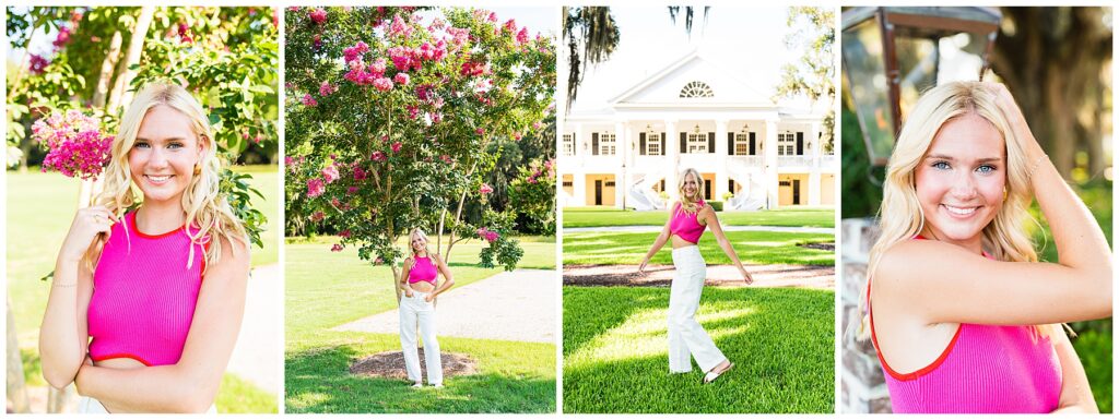 collage of a high school senior girl wearing a pink top, white pants and sandals having her senior pictures taken at the Ford Field and River Club