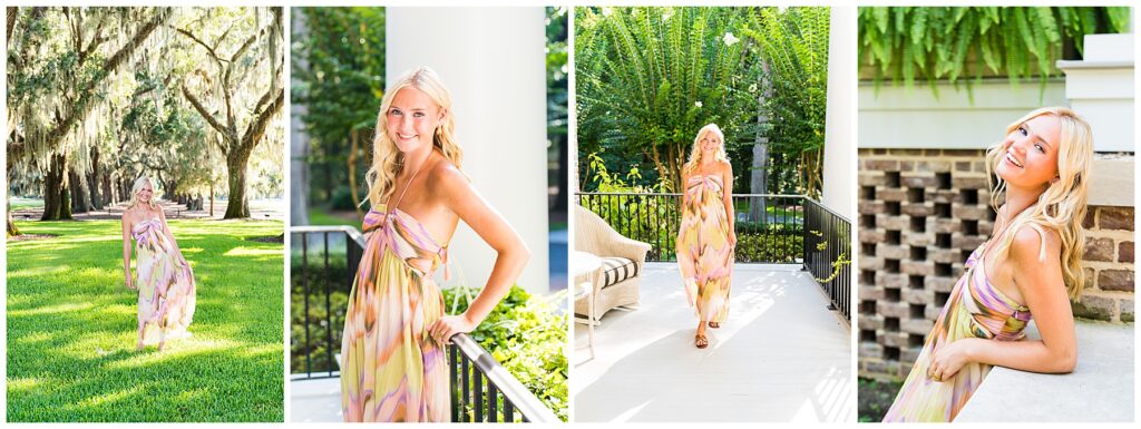 collage of a high school senior girl wearing a multi colored maxi dress and sandals having her senior pictures taken at the Ford Field and River Club