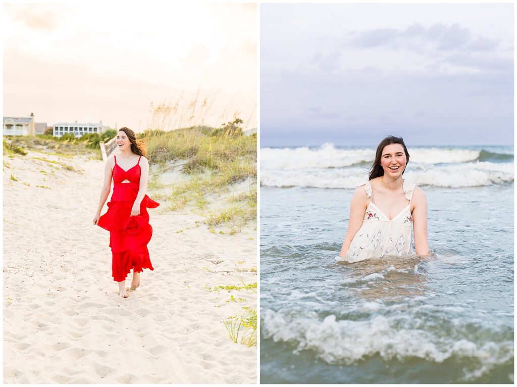 collage of a high school senior wearing a red flowy dress and a cream top with jean shorts on Tybee Island on sunset. 