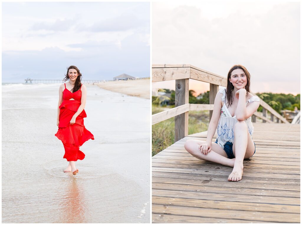 collage of a high school senior wearing a red flowy dress and a cream top with jean shorts on Tybee Island on sunset. 