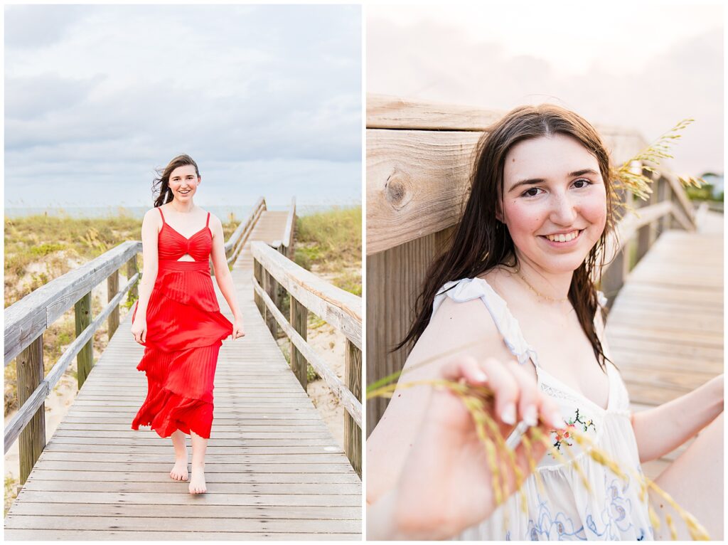 collage of a high school senior wearing a red flowy dress and a cream top with jean shorts on Tybee Island on sunset. 