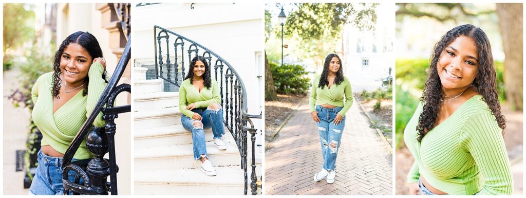 collage of a high school senior wearing a green sweater with ripped blue jeans in downtown Savannah for senior pictures