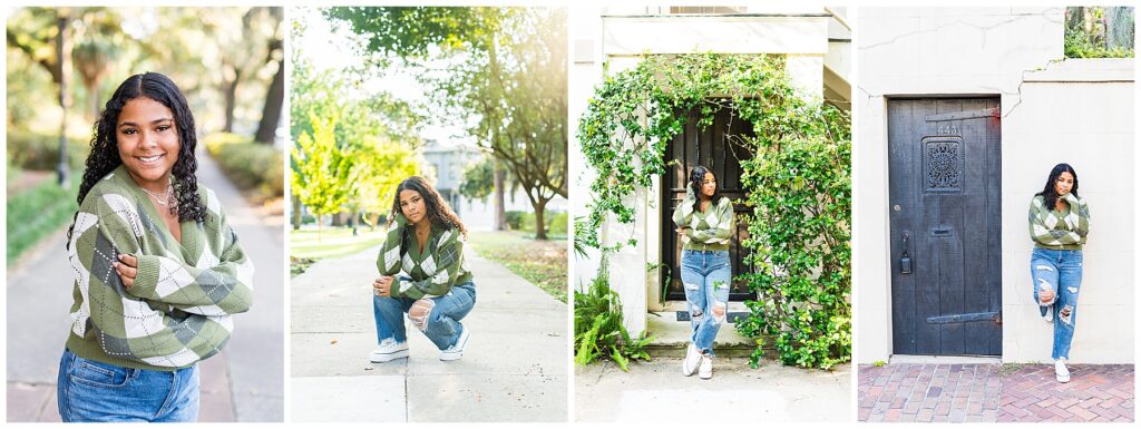 collage of a high school senior wearing a green argyle sweater with ripped blue jeans in downtown Savannah for senior pictures