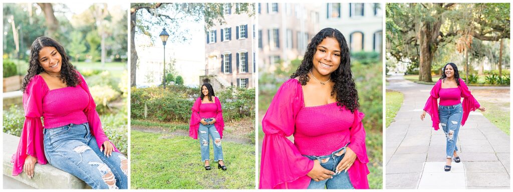 collage of a high school senior wearing a pink sweater with ripped blue jeans in downtown Savannah for senior pictures