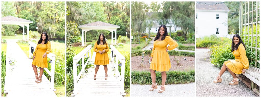 collage of a high school senior wearing a yellow dress in downtown Savannah for senior pictures