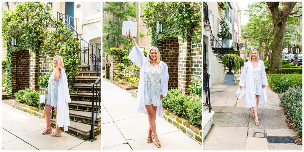 collage of a high school senior girl wearing a blue and white dress with a cap and gown having photos taken in downtown savannah