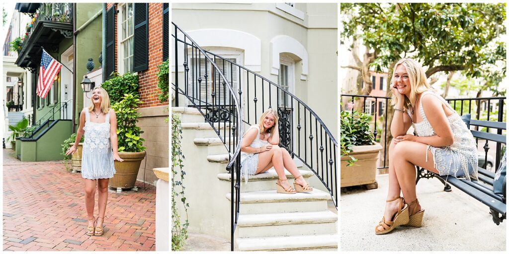 collage of a high school senior girl wearing a blue and white dress having photos taken in downtown savannah