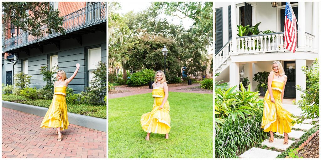 collage of a high school senior girl wearing a yellow dress having photos taken in downtown savannah