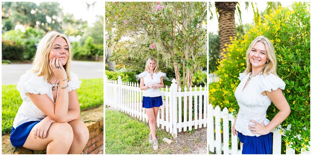 collage of a high school senior girl wearing a blue and white shirt and shorts in Isle of Hope