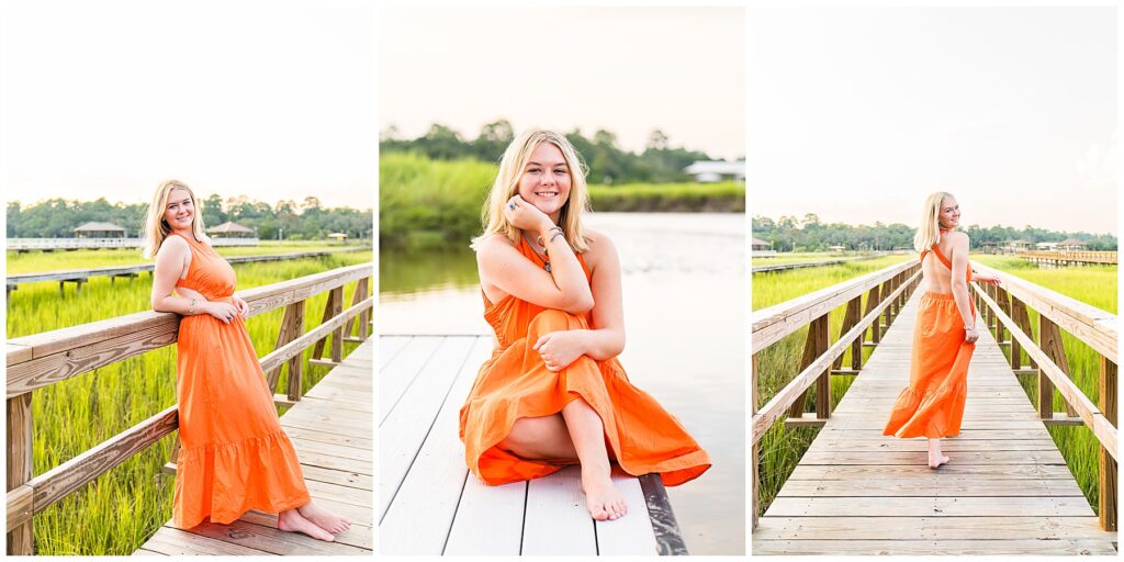 collage of a high school senior girl wearing an orange dress on a dock in Savannah Georgia