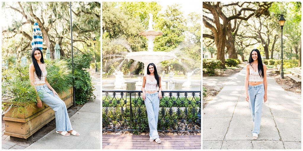 collage of a high school senior girl wearing a white top and loose jeans in Savannah's Forsyth Park