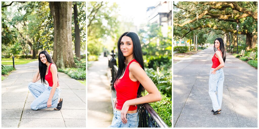 collage of a high school senior girl wearing a red top and loose jeans in Savannah's Forsyth Park