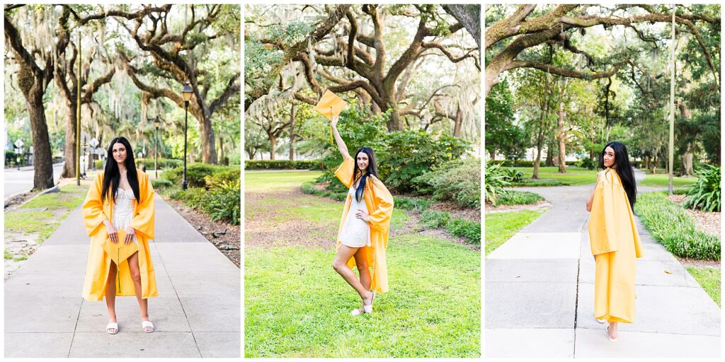 collage of a high school senior girl wearing a white dress under a yellow cap and gown in Savannah's Forsyth Park