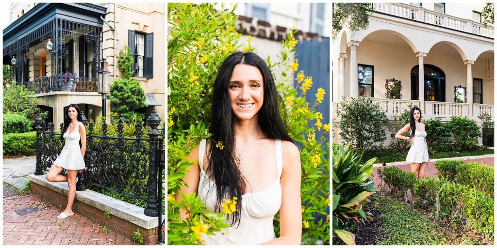 collage of a high school senior girl wearing a white dress in Savannah's Forsyth Park