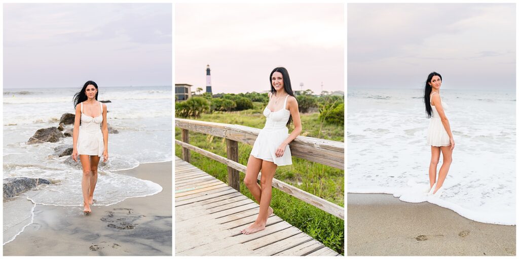 collage of a high school senior girl wearing a white dress on Tybee Island at sunset