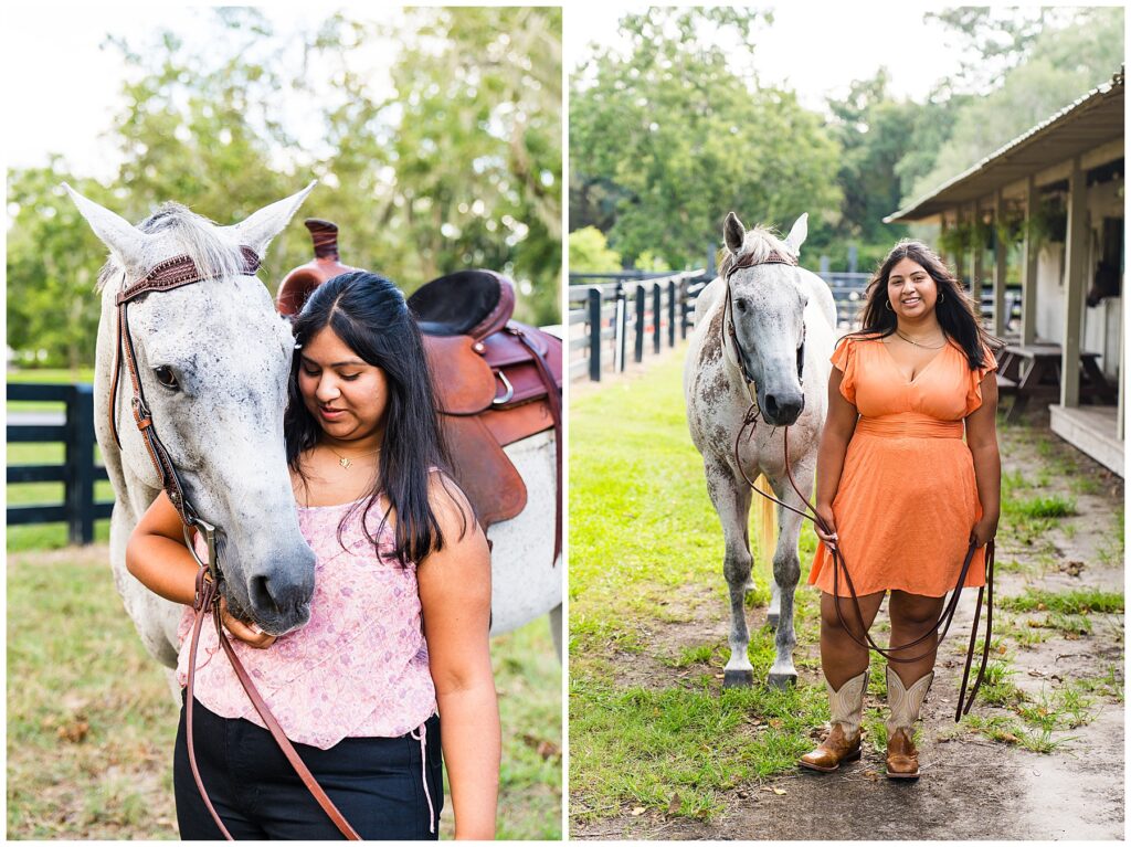 collage of a high school girl standing with a grey horse at the barn having senior pictures taken