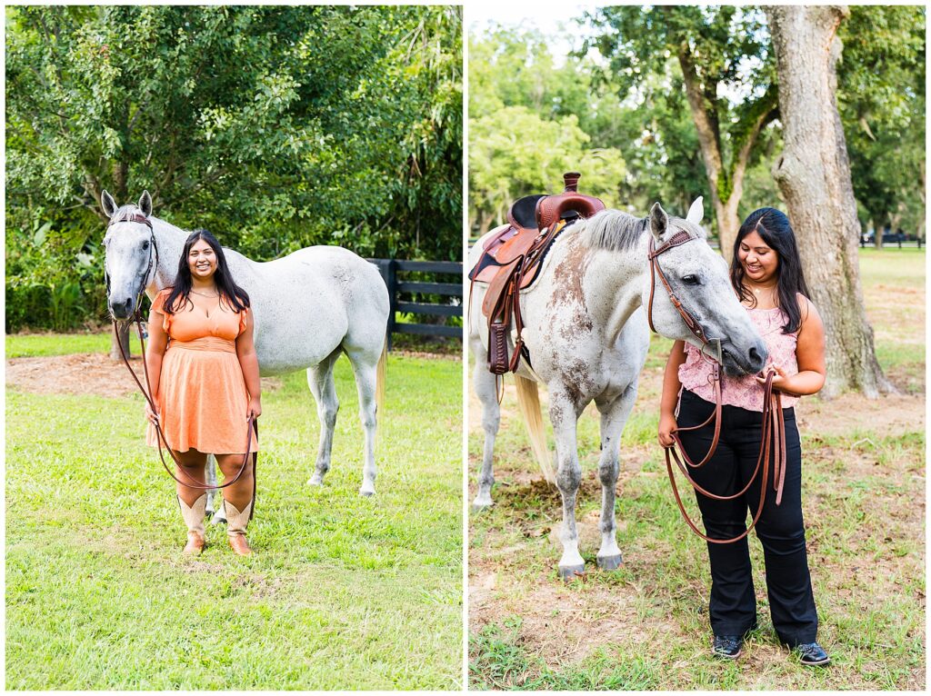 collage of a high school girl standing with a grey horse at the barn having senior pictures taken