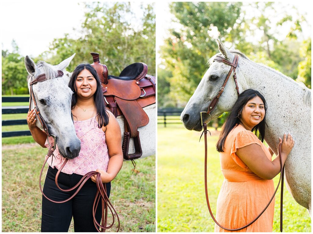 collage of a high school girl standing with a grey horse at the barn having senior pictures taken