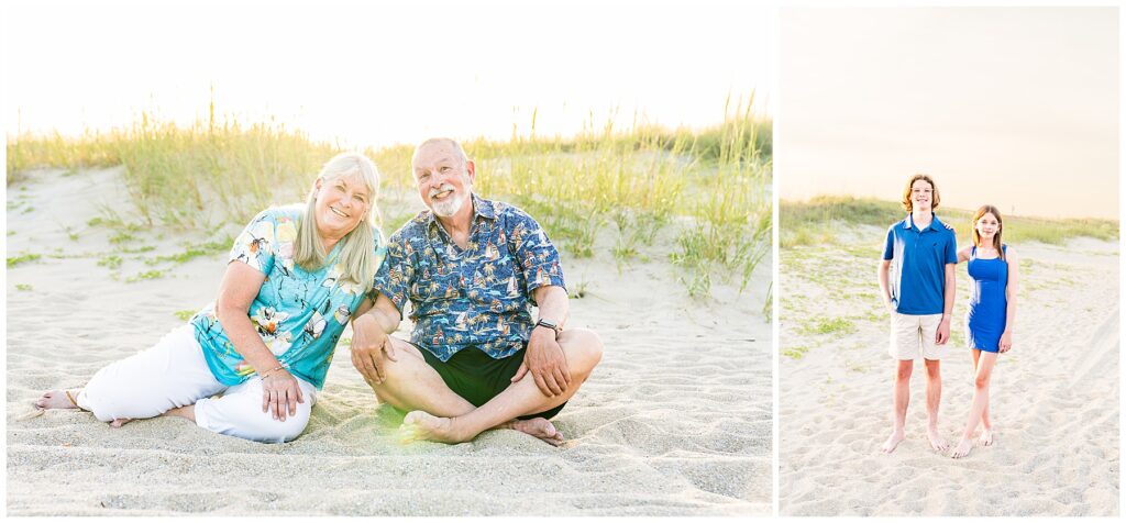 collage of a couple and a brother and sister in the sand at sunset on Tybee Island