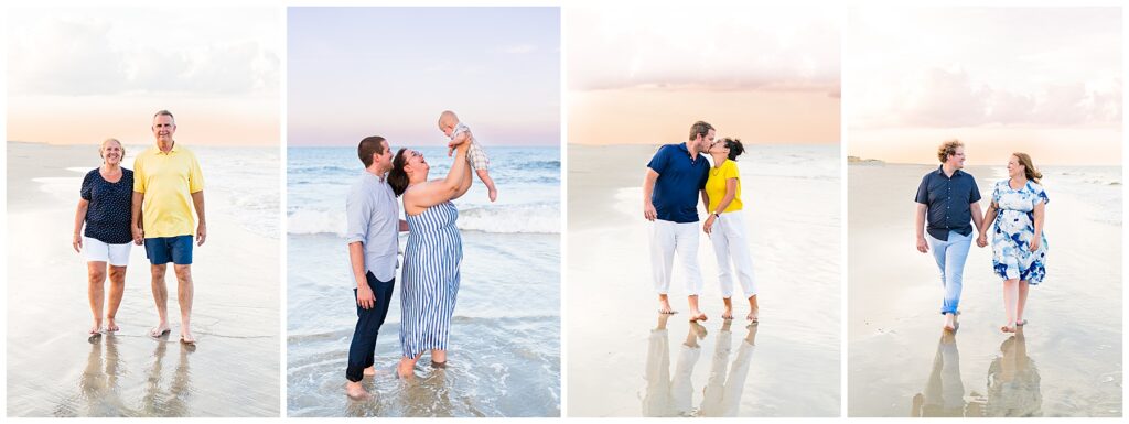 collage of couples/families on the beach at sunset