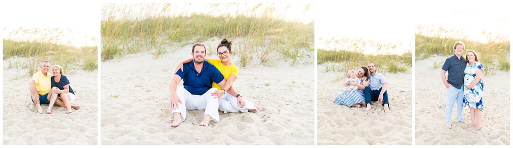 collage of couples/families in the sandy part of the beach at sunset on Tybee Island