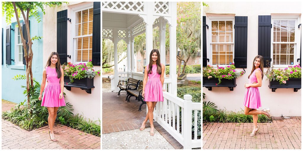 collage of a brunette girl wearing a pink dress having her senior pictures taken in downtown Savannah's Crawford Square.