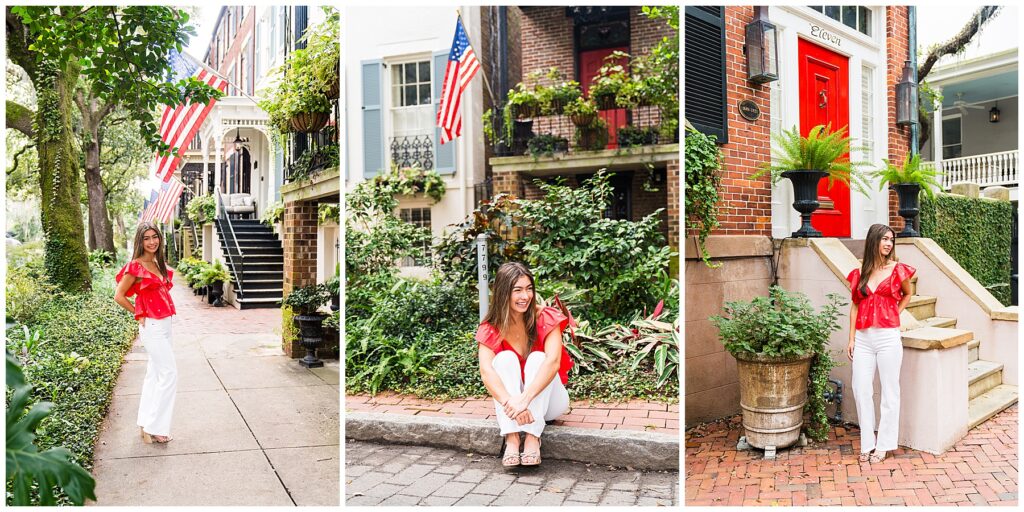 collage of a brunette girl wearing a pair of white pants and a red top having her senior pictures taken on downtown Savannah's Jones Street