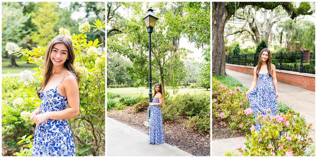 collage of a brunette girl wearing a blue floral maxi dress having her senior pictures taken in downtown Savannah's Forsyth Park.