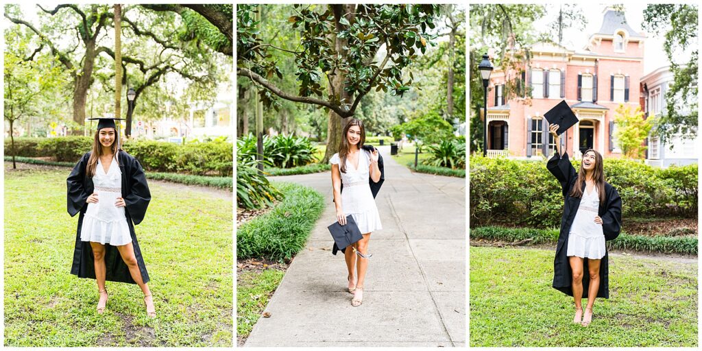 collage of a brunette girl wearing a white dress and black cap & gown having her senior pictures taken in downtown Savannah's Forsyth Park.