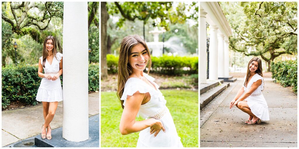 collage of a brunette girl wearing a white dress having her senior pictures taken in downtown Savannah's Forsyth Park.