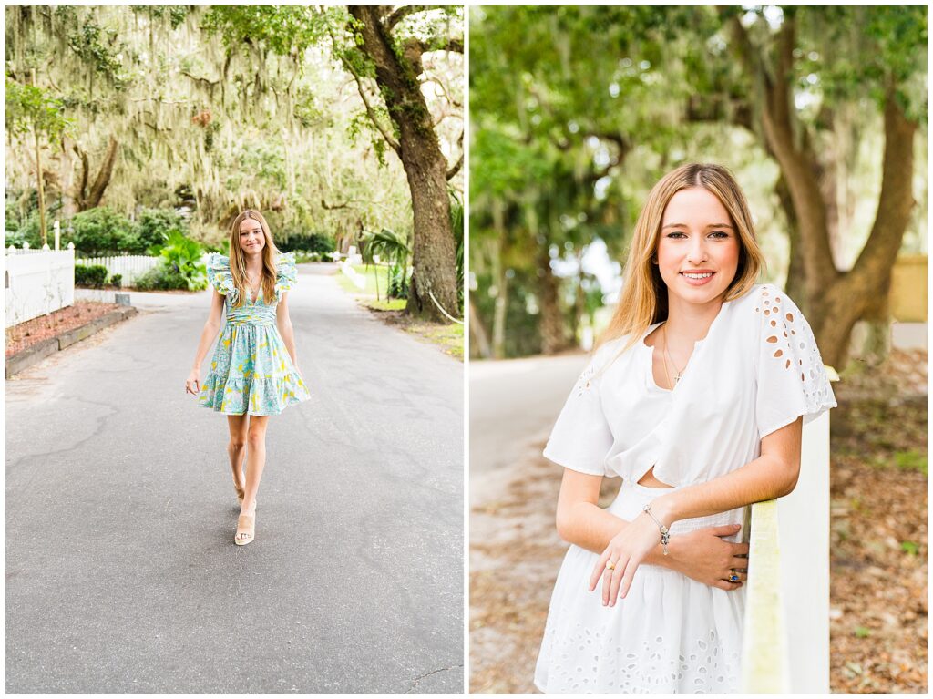 collage of a girl wearing a blue and yellow dress with puffy sleeves and a white dress with eyelet patterning on Isle of Hope's Bluff Drive