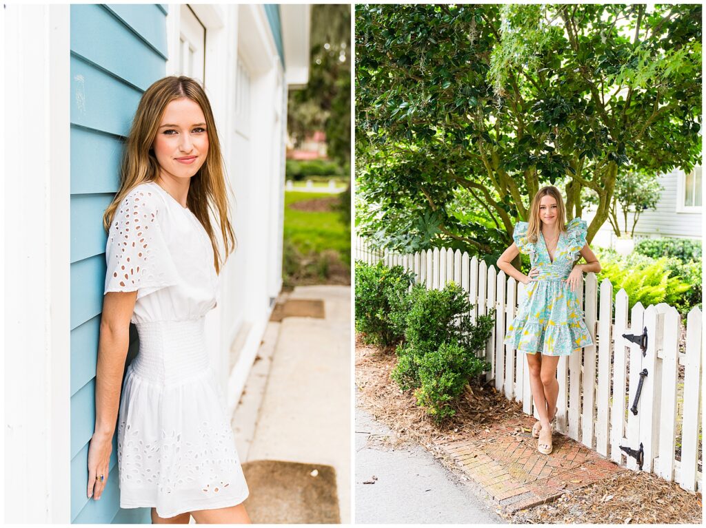 collage of a girl wearing a blue and yellow dress with puffy sleeves and a white dress with eyelet patterning on Isle of Hope's Bluff Drive