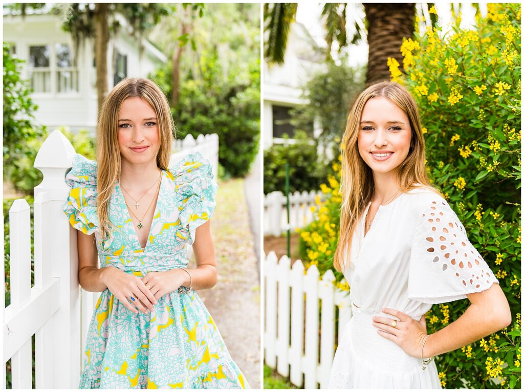 collage of a girl wearing a blue and yellow dress with puffy sleeves and a white dress with eyelet patterning on Isle of Hope's Bluff Drive