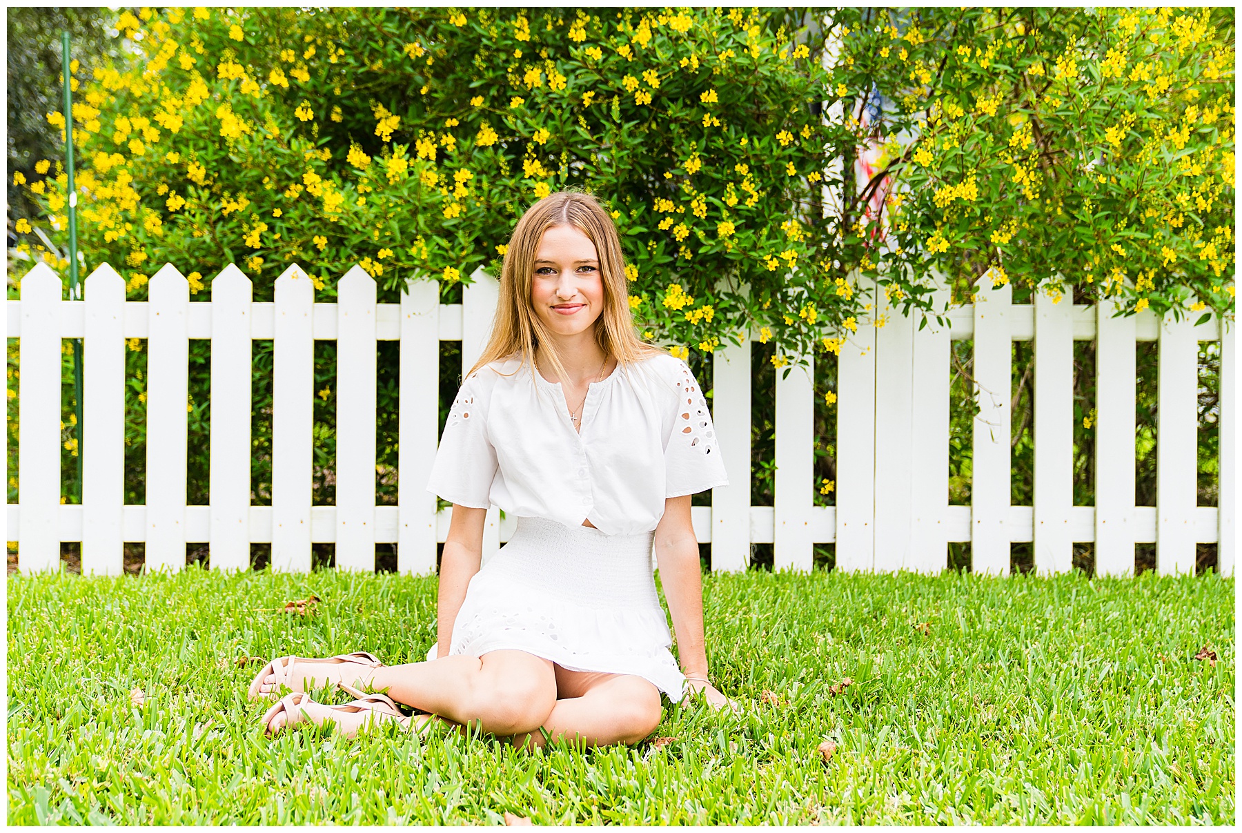 high school senior sitting in the grass in front of a picket fence with a large bush that has yellow flowers on it