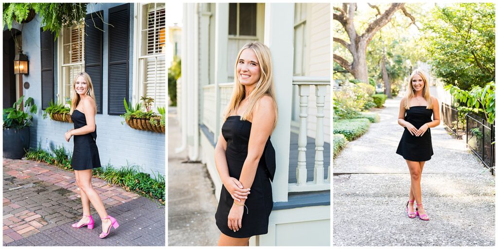 collage of a high school senior wearing a little black dress with pink heels in downtown savannah having her senior pictures taken 