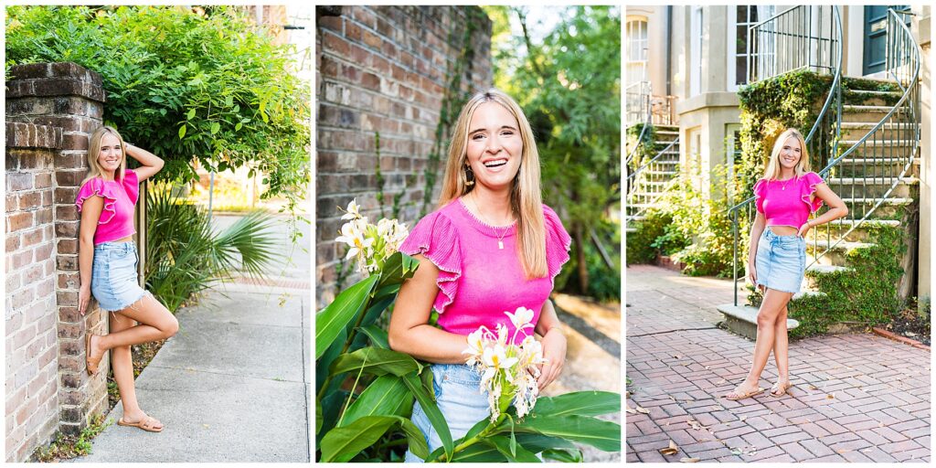 collage of a high school senior wearing a pink short sleeve sweater and denim skirt in downtown savannah having her senior pictures taken 