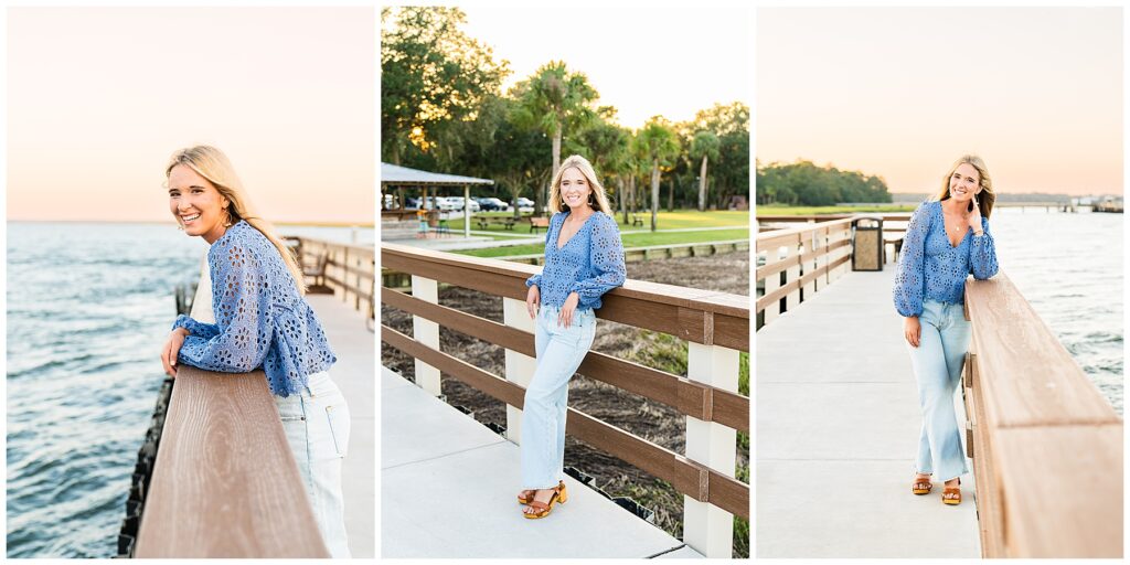 collage of a high school senior wearing a blue long sleeve top and blue jeans at the landings harbor marina having her senior pictures taken 