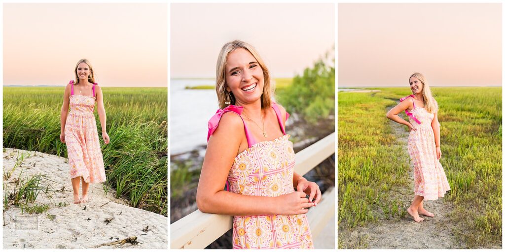 collage of a high school senior wearing a pink, orange and white maxi dress at the landings harbor marina having her senior pictures taken 