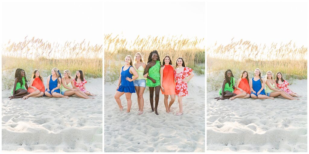 collage of high school senior girls at the beach having their photos taken at sunset