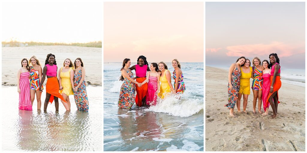 collage of high school senior girls at the beach having their photos taken at sunset