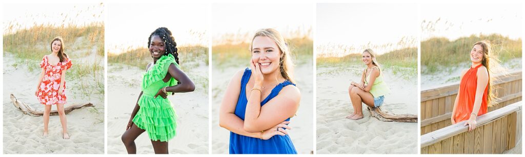 collage of high school senior girls at the beach having their photos taken at sunset