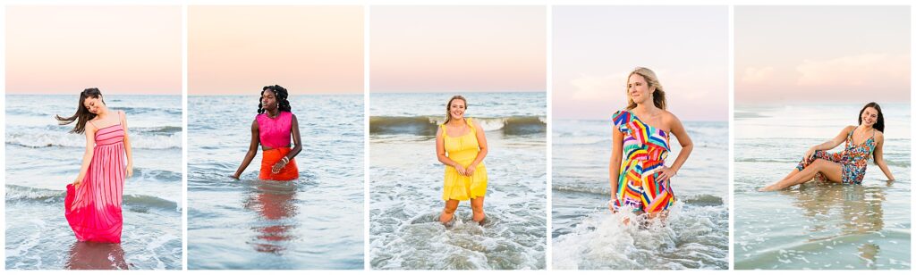 collage of high school senior girls at the beach having their photos taken at sunset