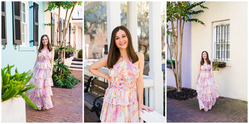 photo collage of a high school senior girl wearing a pastel floral maxi dress