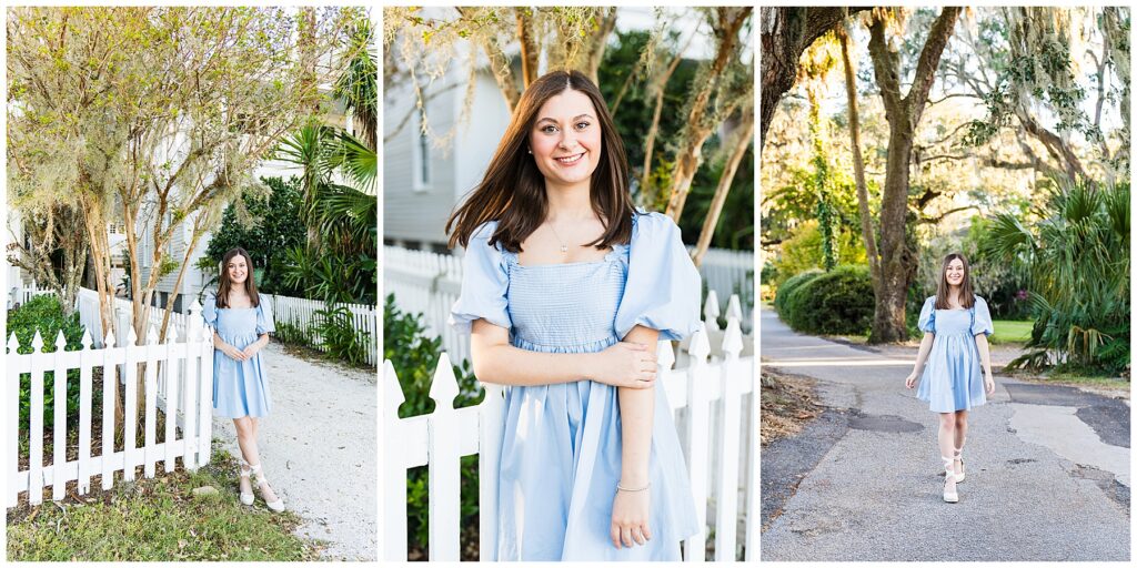 photo collage of a high school senior girl wearing a light blue dress posing for senior pictures on Bluff Drive in Savannah