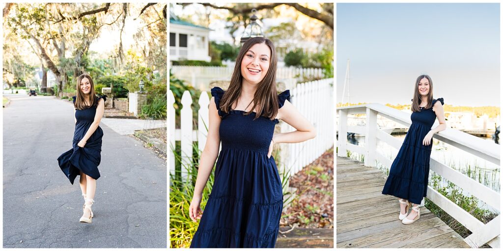 photo collage of a high school senior wearing a dark blue maxi dress 